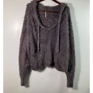 Womens Free People Light as a Feather Fuzzy Hoodie Grey M Cotton Nylon
